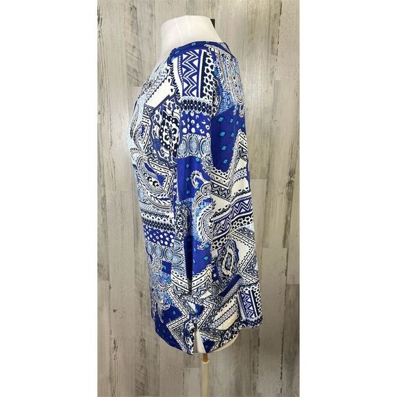 Chico’s Blue Paisley Tunic Top Size 1 M Boho Patchwork 3/4‎ Sleeve Travelers - Picture 4 of 9
